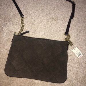 brown suede purse with gold chains